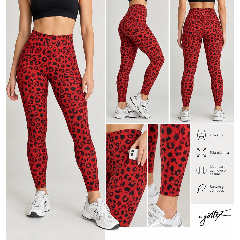 X by Gottex Red Black Leopard Print High Waist Activewear Leggings Pockets M